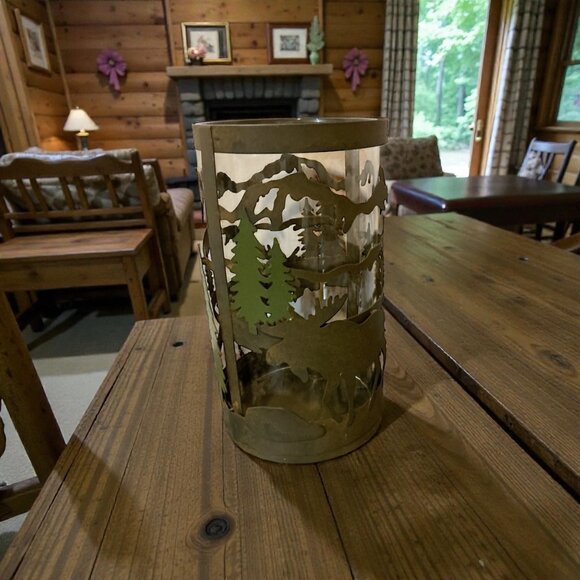 Rustic Moose & Pine Metal Candle Holder Lantern 7.5" Tall Woodland Forest Theme - Picture 1 of 4